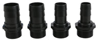 Black plastic hose barb to threaded pipe adapters arranged in a row.
