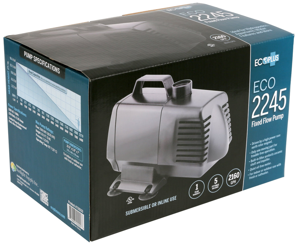 Box of EcoPlus ECO 2245 Fixed Flow Pump, showing pump image and specifications.