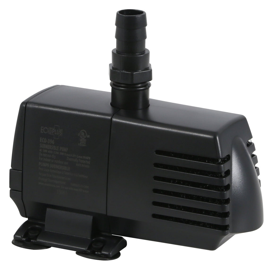 Black EcoPlus submersible pump with ridged outlet and suction feet.