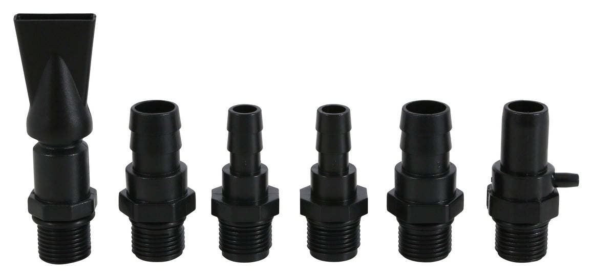 Black plastic pump nozzles and adapters with threaded ends and ribbed hose fittings.