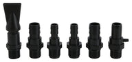 Black plastic pump nozzles and adapters with threaded ends and ribbed hose fittings.