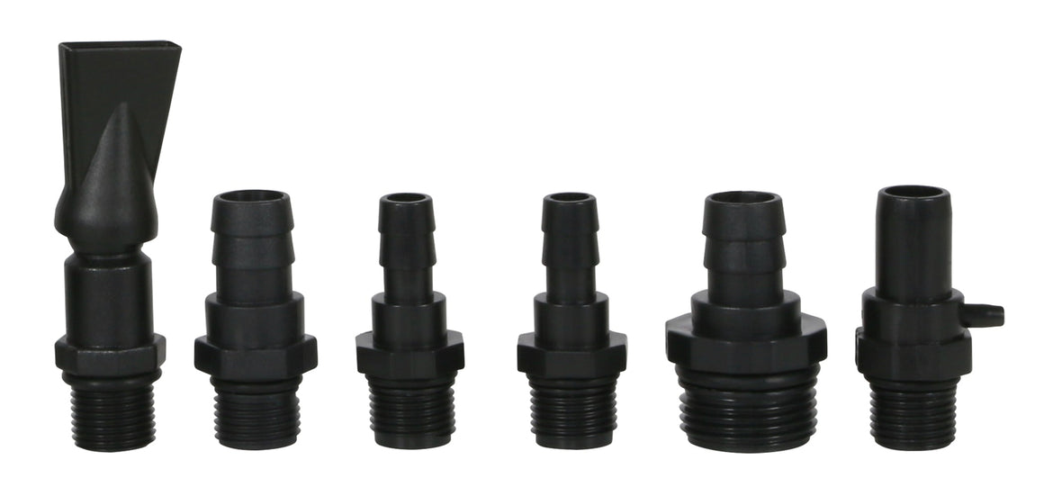 Black plastic hose fittings with threaded ends and barbed hose connectors.