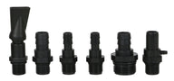 Black plastic hose fittings with threaded ends and barbed hose connectors.