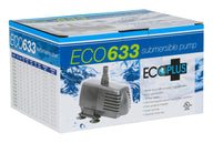 Eco633 submersible pump by EcoPlus, featuring a compact design with suction cups, UL listed.