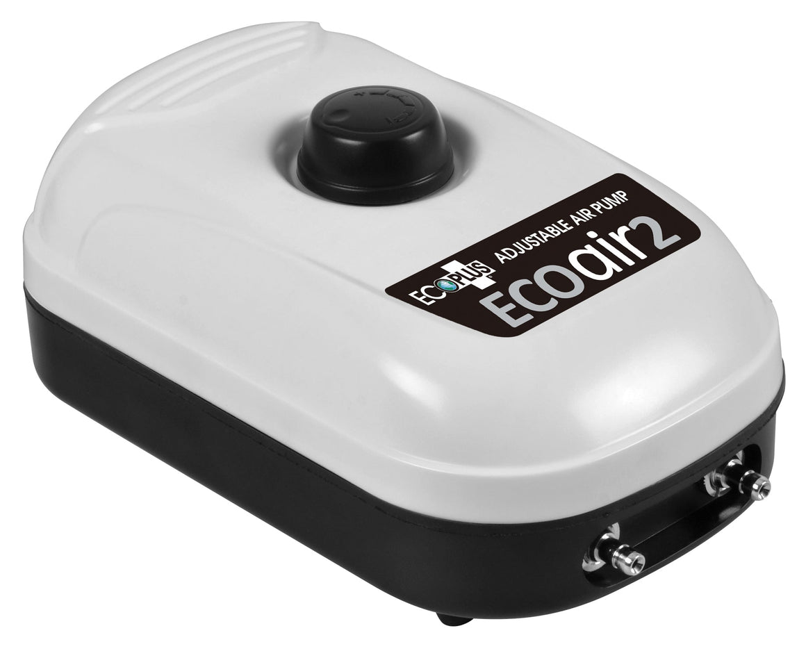 White and black EcoPlus adjustable air pump with two outlets, labeled "ECOair2".