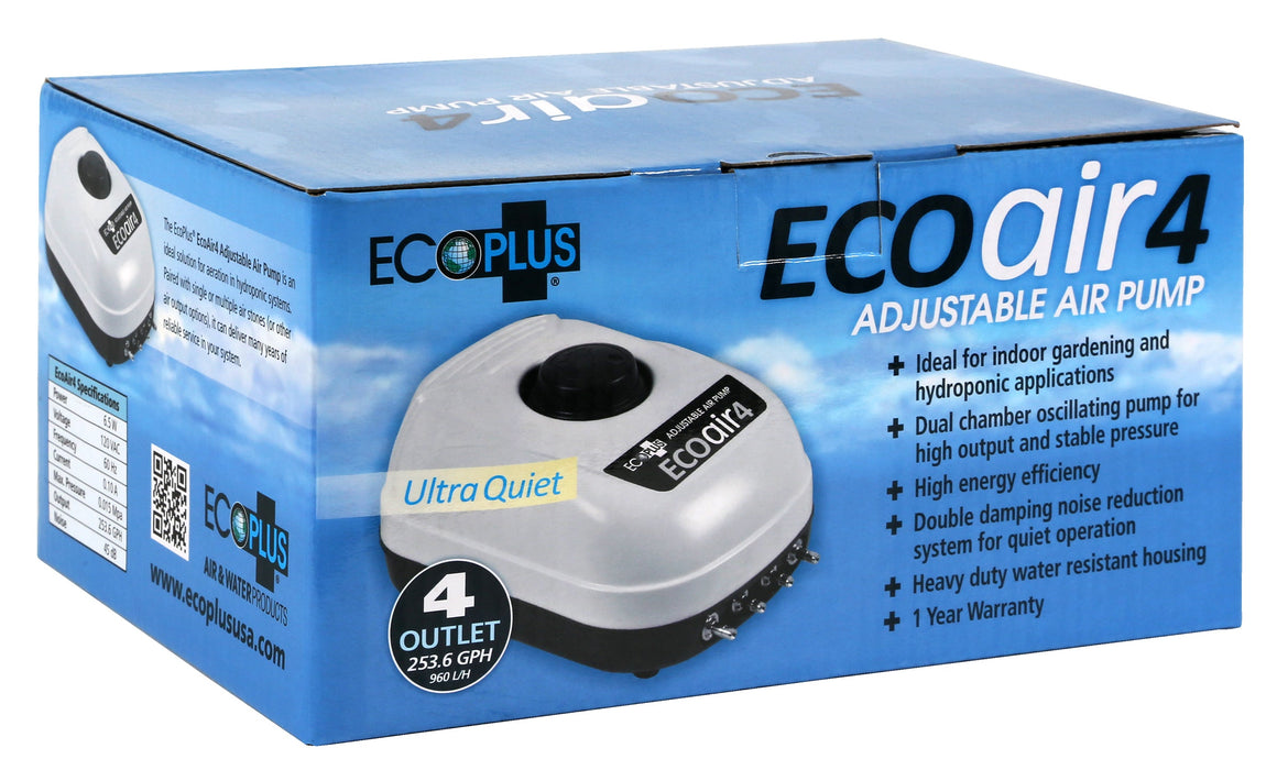 EcoPlus EcoAir4 adjustable air pump box with product image, specifications, and features.