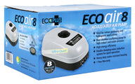 ECO air8 adjustable air pump box. Features dual chamber, ultra-quiet, 8-outlet, 380.4 GPH.
