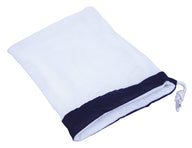 White mesh drawstring bag with navy trim for large pump filters.