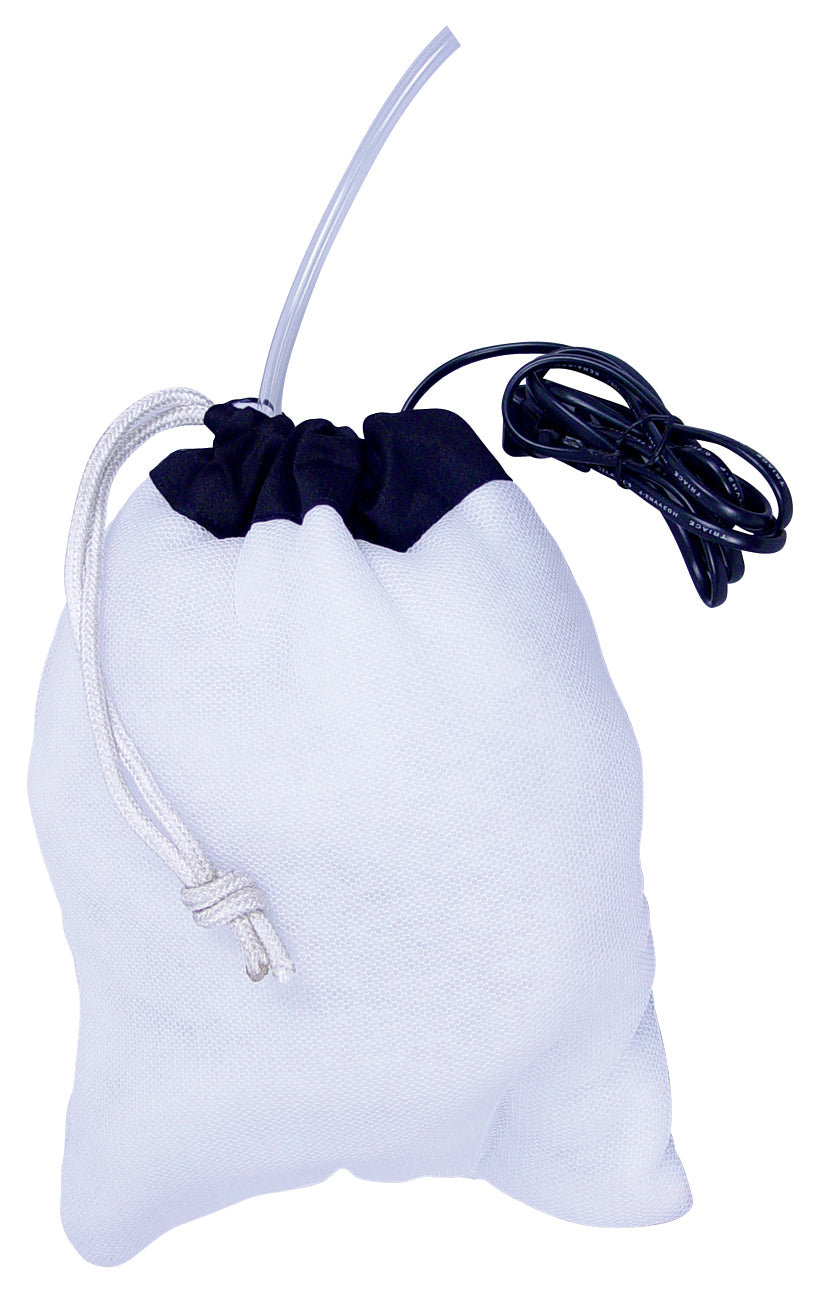 EcoPlus large white mesh pump filter bag with black drawstring, power cord, and clear tubing.