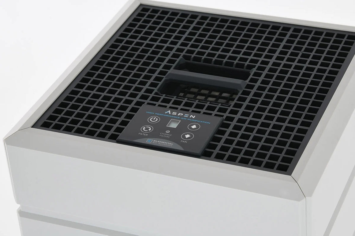 Aspen high-performance air purifier with touch control panel and black gridded top.