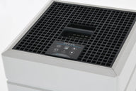 Aspen high-performance air purifier with touch control panel and black gridded top.