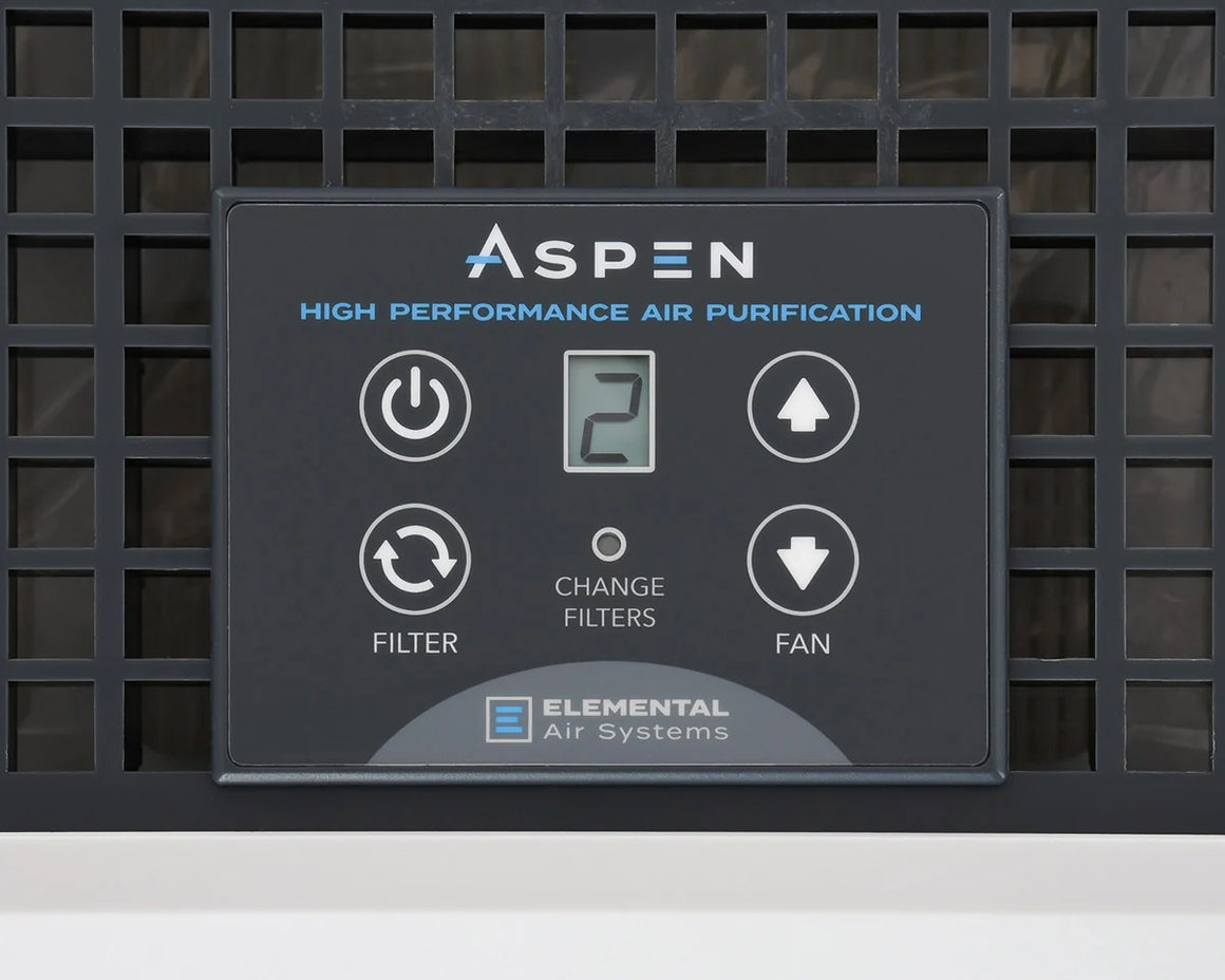 Aspen air purifier control panel with power, filter, fan buttons, and digital display showing "2".