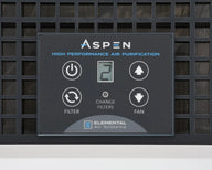 Aspen air purifier control panel with power, filter, fan buttons, and digital display showing 
