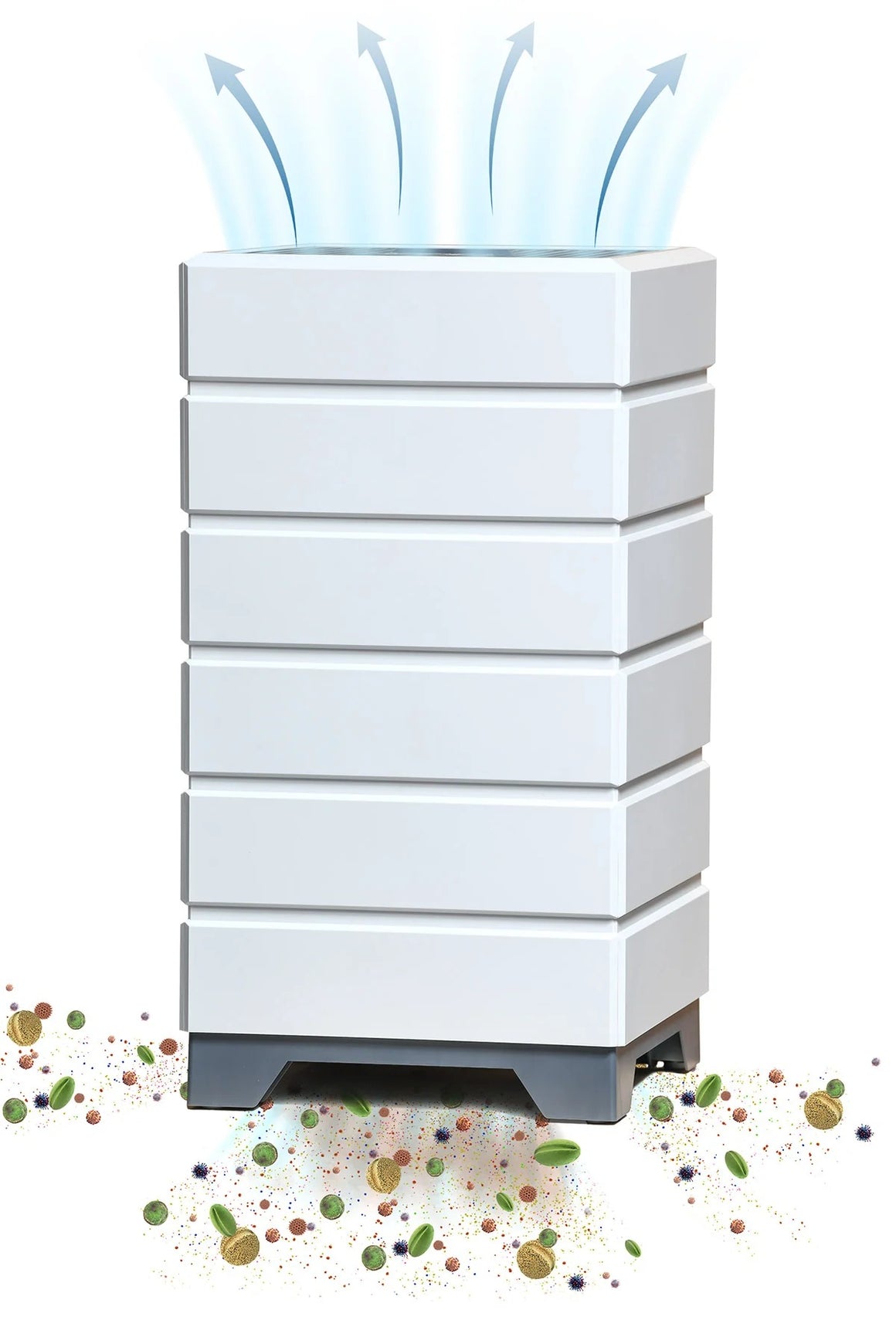 White tiered air purifier with blue arrows showing air flow, and particles being filtered from the bottom.