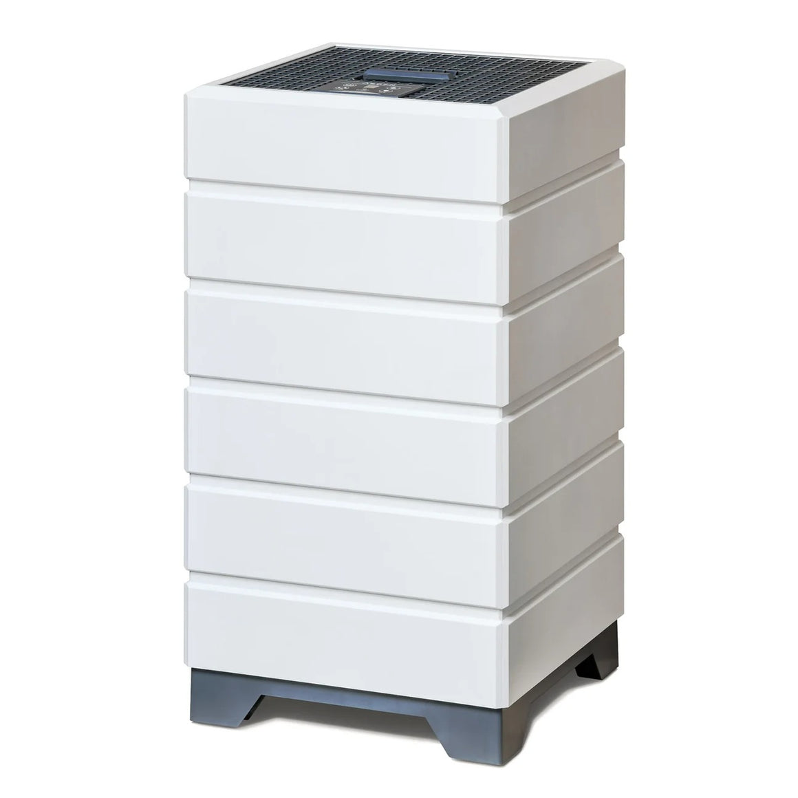 White rectangular air purifier with a dark gray base and a vented top panel, on a white background.