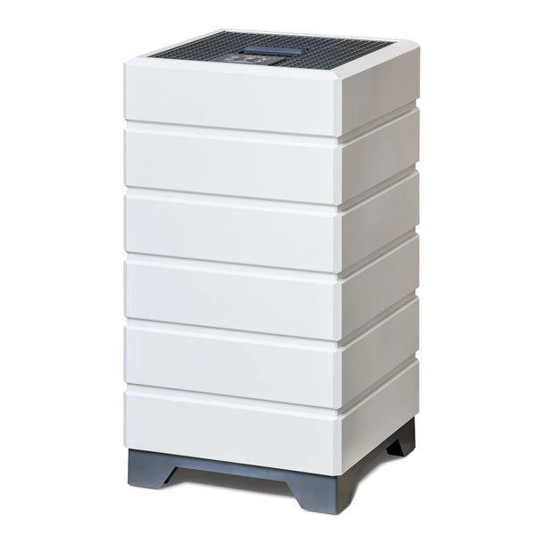 White rectangular air purifier with a dark gray base and a vented top panel, on a white background.