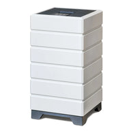 White rectangular air purifier with a dark gray base and a vented top panel, on a white background.