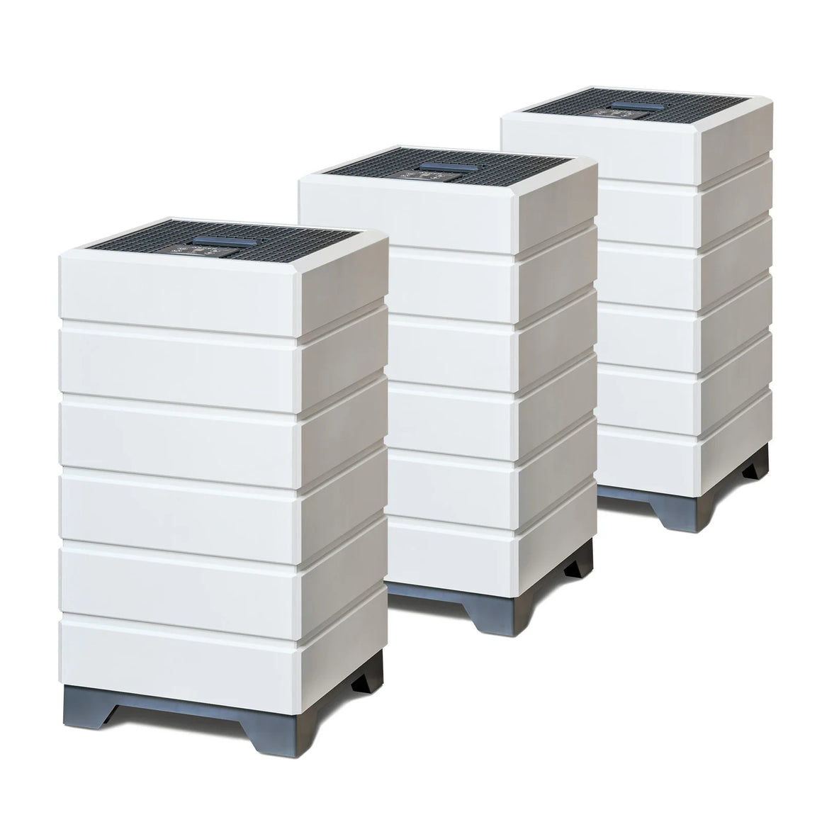Elemental Air Systems Aspen Whole Home Set 3: Three white, stacked air purifiers with grey bases.