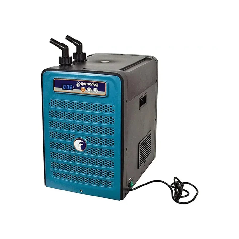 Blue and black water chiller with digital display and hoses.