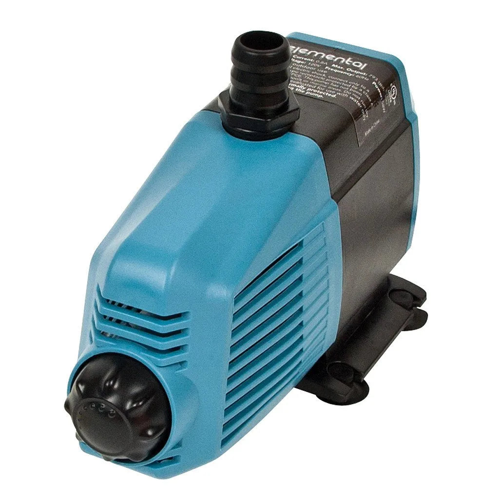 Blue and black elemental water pump with ribbed intake and hose barb.