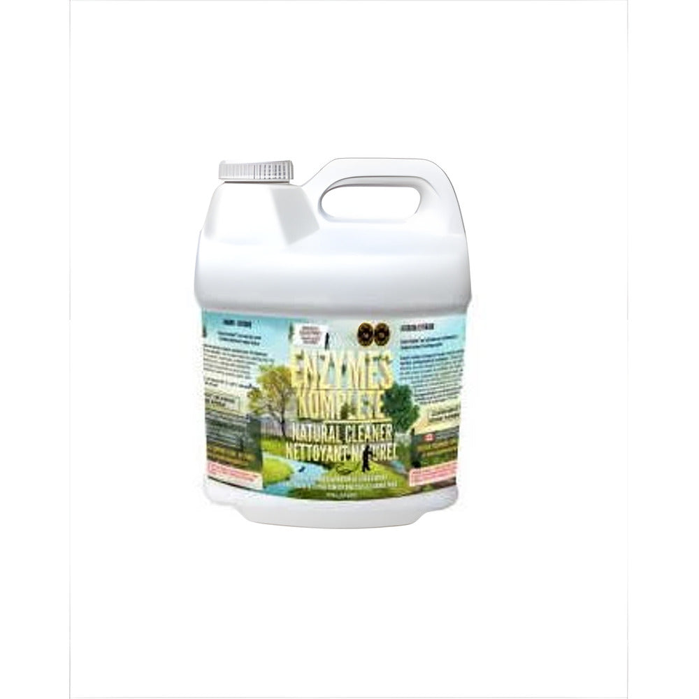 White jug of Enzymes Komplete Natural Cleaner with a label depicting a scenic outdoor landscape.