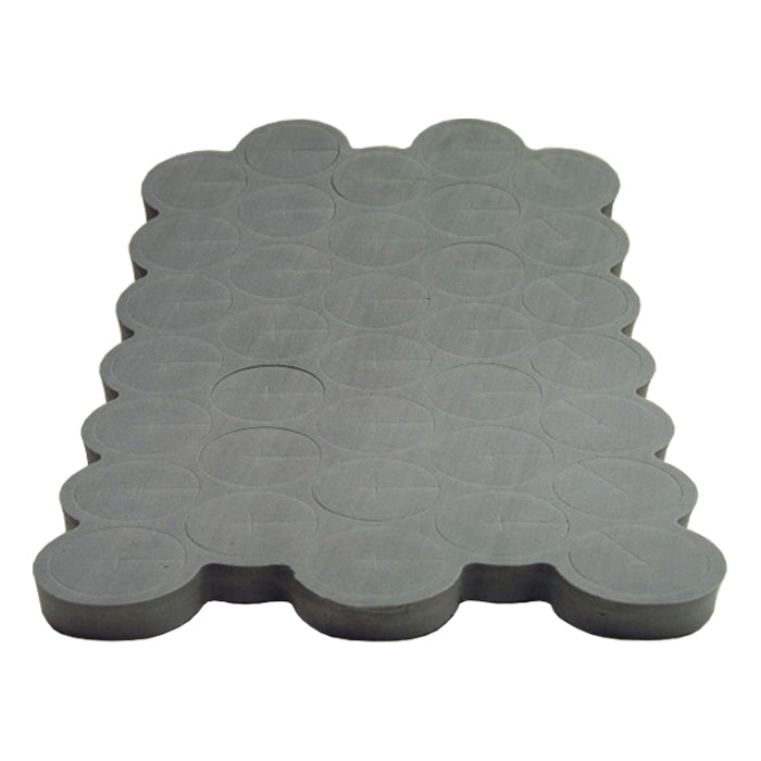 Grey rectangular soft foam sheet with multiple circular cutouts, for plant cloning collars.