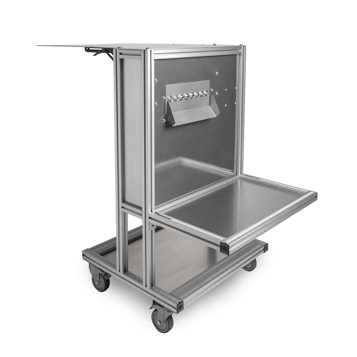 EzTrim Bud Bucker hemp debudder cart with aluminum frame, stainless steel panels, fold-out tables, and bucking mechanism.