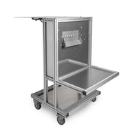 EzTrim Bud Bucker hemp debudder cart with aluminum frame, stainless steel panels, fold-out tables, and bucking mechanism.