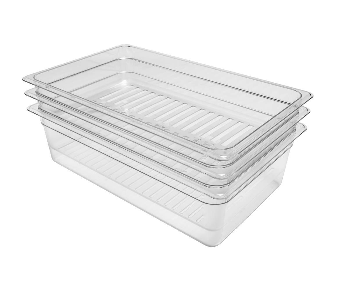 Three clear rectangular plastic shaker boxes with slatted bottoms, stacked on a green background.