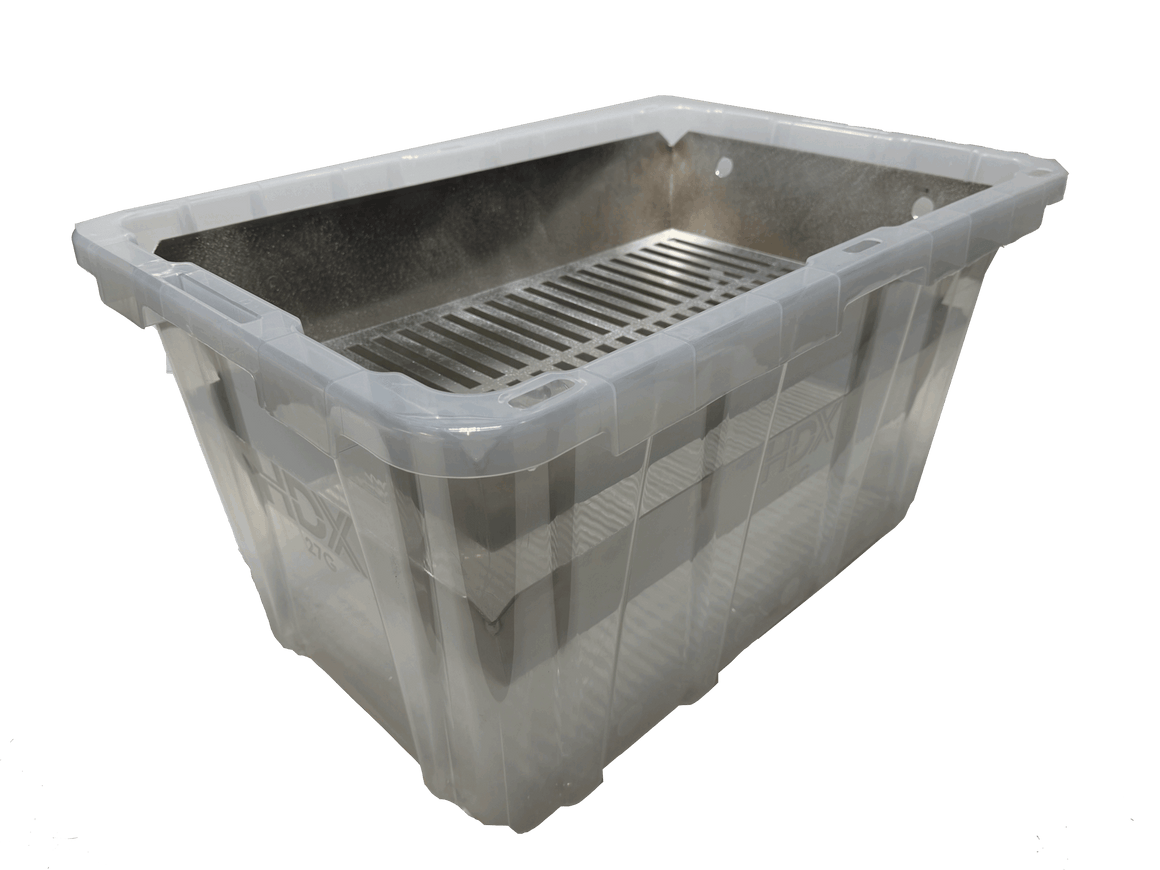EzTrim Bud Shaker Box XL: transparent plastic container with an internal metal sifting grate, on white background.