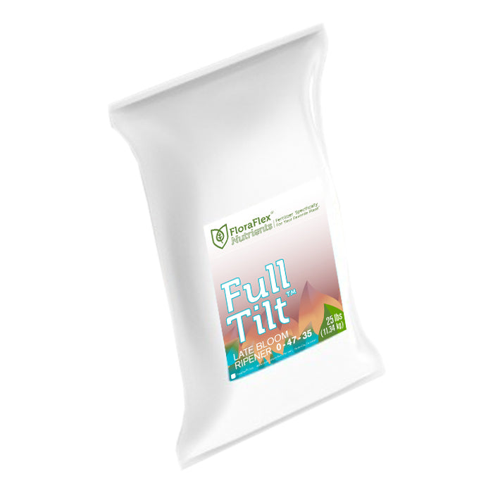 White FloraFlex Nutrients Full Tilt Late Bloom Ripener 0-47-35 fertilizer bag, 25 lbs.