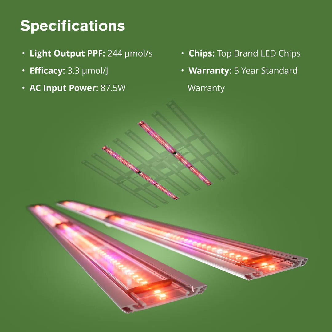 Far Red LED grow light bars with glowing red/pink LEDs and detailed specifications: PPF, efficacy, power, chips, warranty.