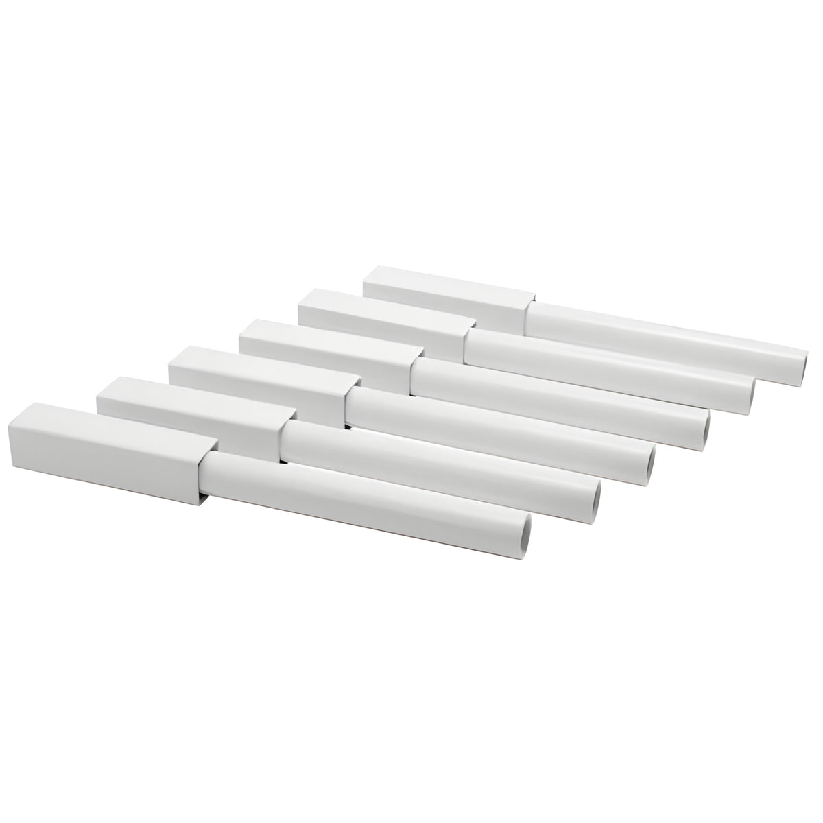 White PVC leg extensions with a square top and round bottom, arranged diagonally.