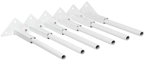 Six white metal brackets with horizontal rods extend from triangular wall mounts.