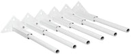 Six white metal brackets with horizontal rods extend from triangular wall mounts.