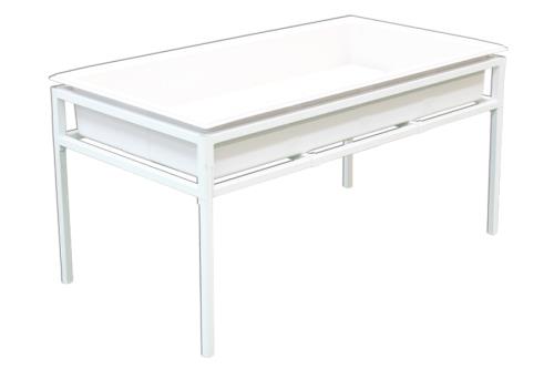 White metal tray stand with a rectangular white insert, isolated on white background.