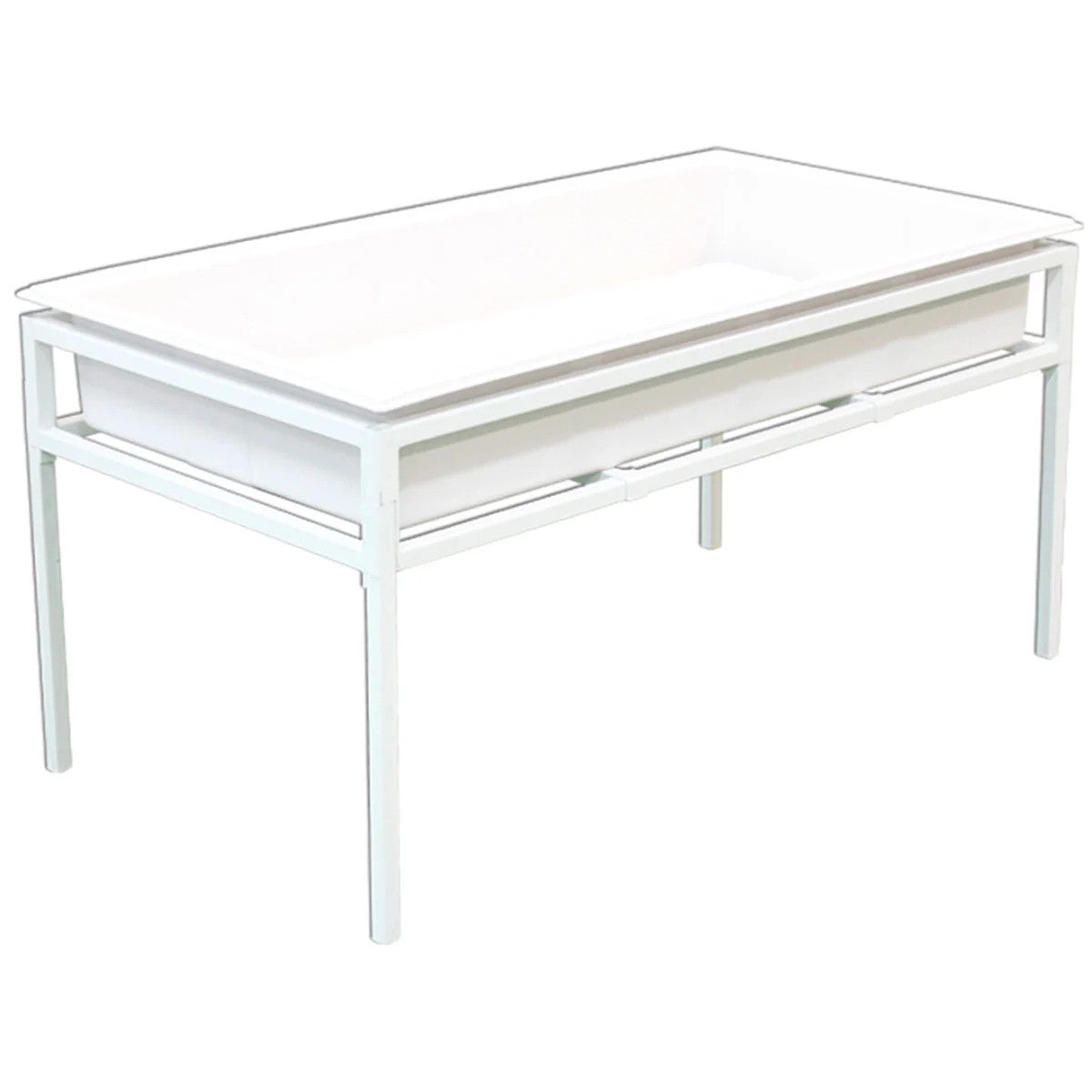 White metal tray stand with a rectangular white insert, isolated on white background.