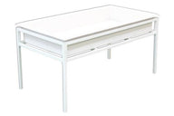 White metal tray stand with a rectangular white insert, isolated on white background.