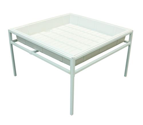 White Hydroponic tray stand with a grid pattern on white tray, on white background.