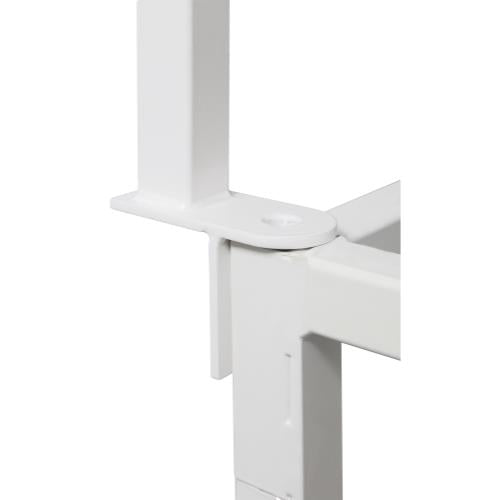 White metal trellis support bracket connecting two upright posts.