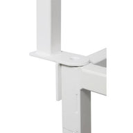 White metal trellis support bracket connecting two upright posts.
