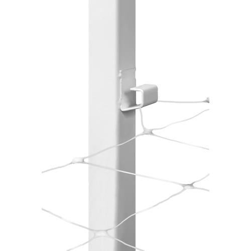 Close-up of a white trellis support system with a clip attached to a white pole, holding a white net.