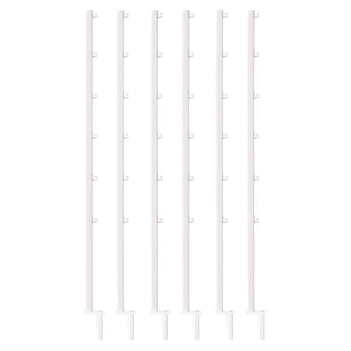 Six white plant support stakes with multiple hooks, shown on a white background.