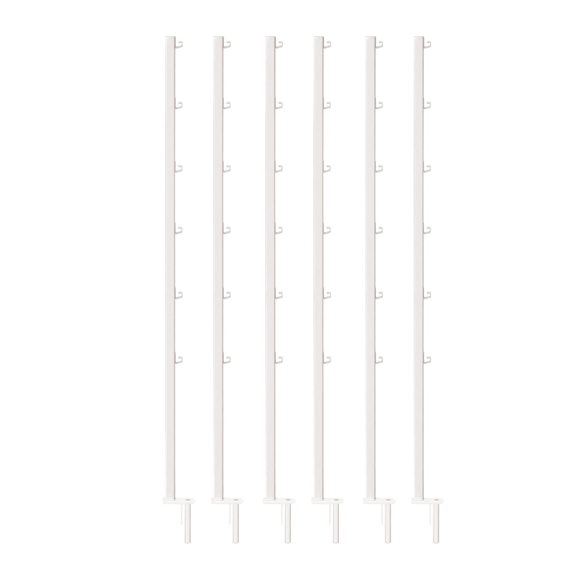 Six white plant support stakes with multiple hooks, shown on a white background.