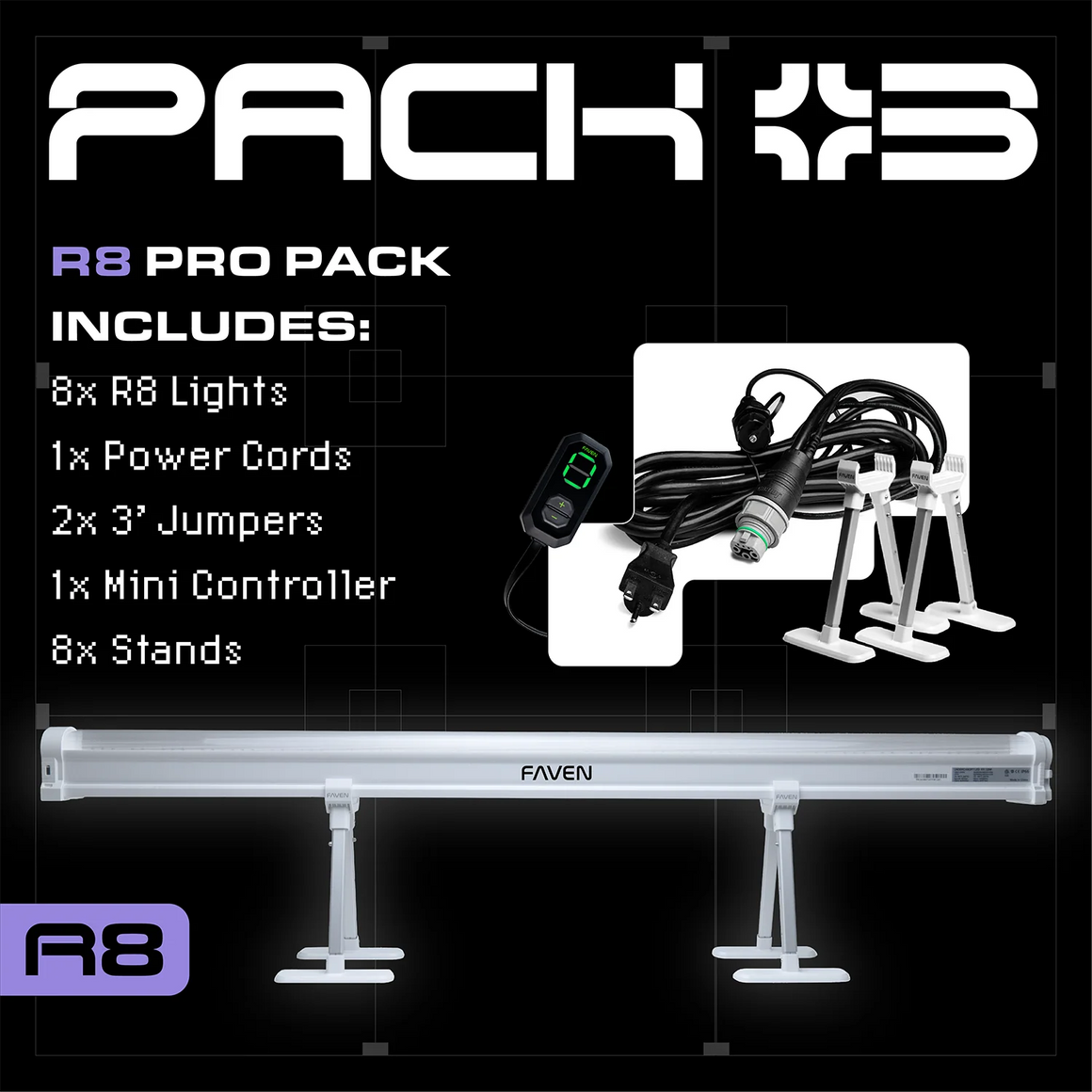 Faven R8 Pro Pack includes 8 lights, 1 power cord, 2 jumpers, 1 controller, 8 stands, and a lighting bar.