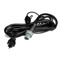 Black cord with plug, large grey connector with green ring, and cap with string on white background.