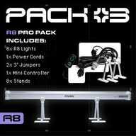Faven R8 Pro Pack includes 8 lights, 1 power cord, 2 jumpers, 1 controller, 8 stands, and a lighting bar.