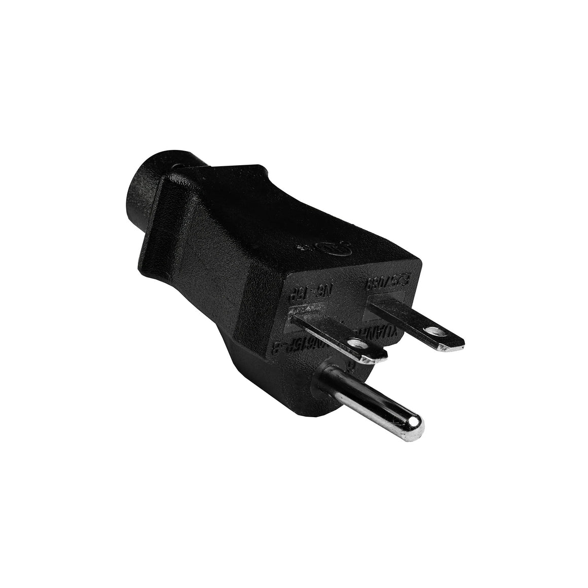 Black NEMA 5-15P polarized plug with silver prongs, stamped with certifications.