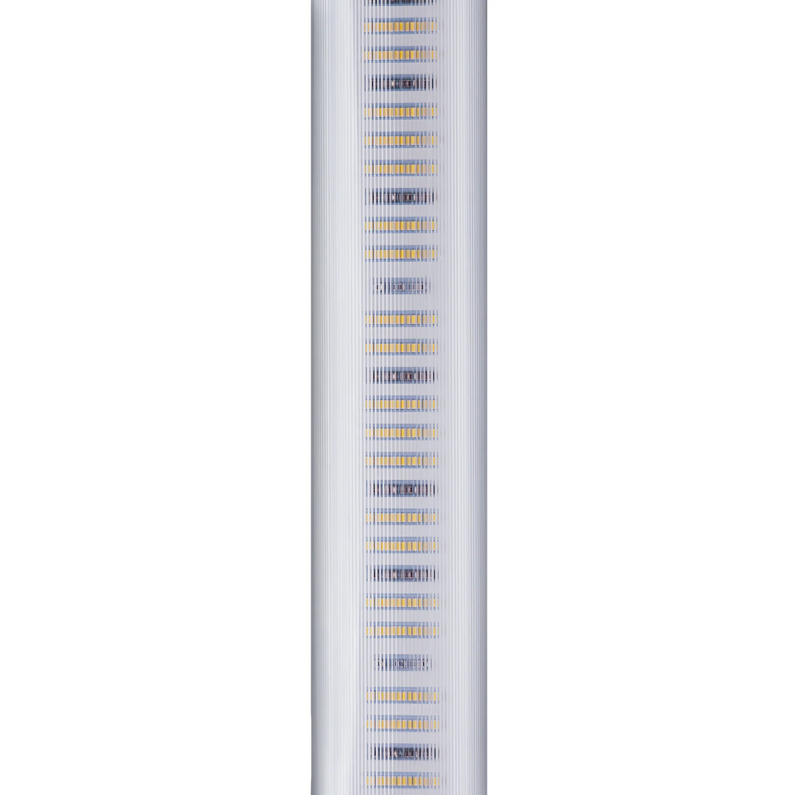 A close-up vertical shot of a long, thin LED light fixture with a ribbed white exterior.