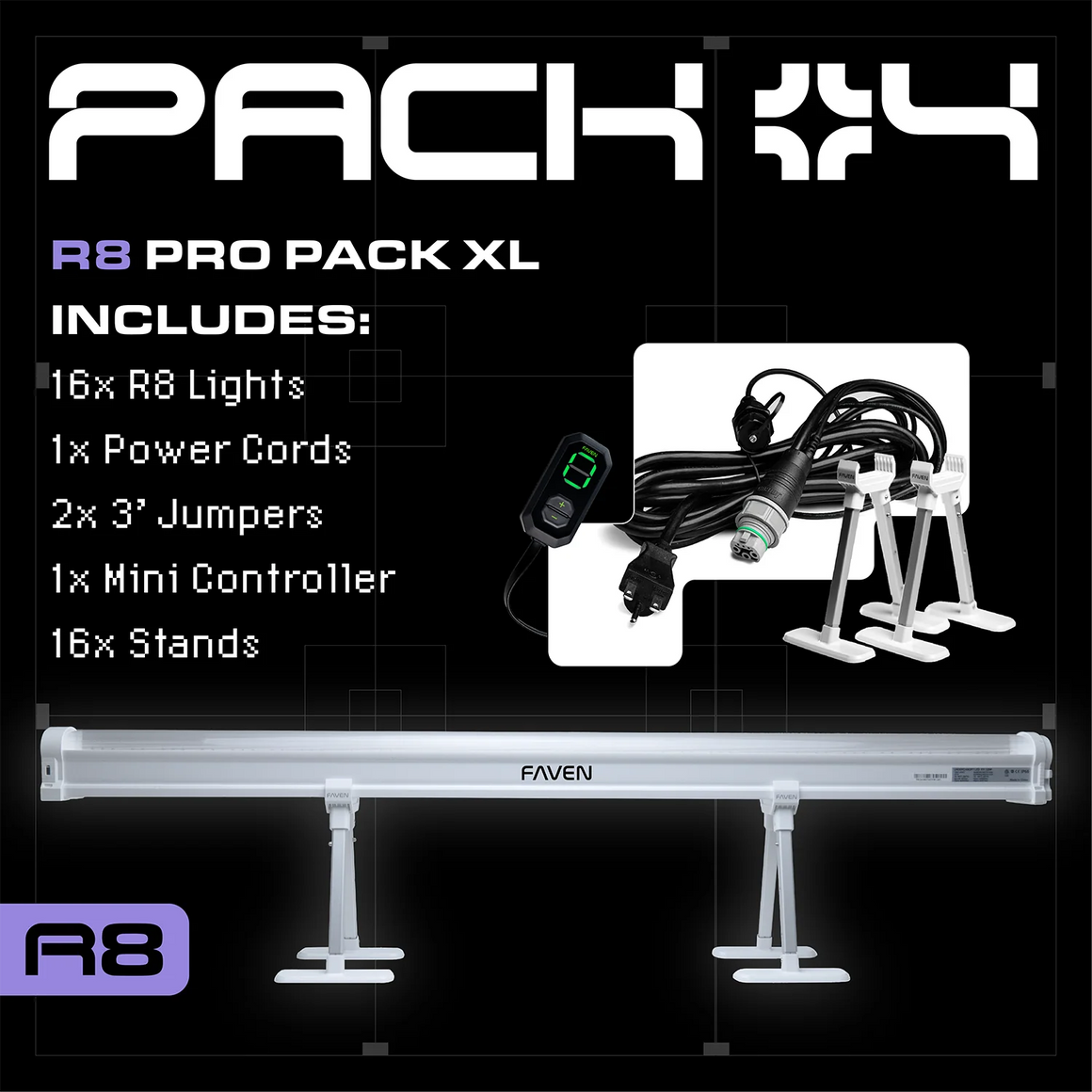 Faven R8 Pro Pack XL: 16 lights, controller, cords & stands. Includes a white Faven R8 light bar with stands.
